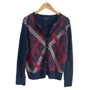 Ann Taylor Wool Mohair Blend Navy and Red Plaid Sweater Cardigan Size Large
